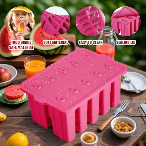 Homemade Popsicles Molds, Food Grade Popsicle Molds for Kids, 10 Cavity Non-BPA Silicone Ice Pop Maker, Reusable Silicone Popsicle Molds with 50 Stick, 50 Bags, Funnel (Pink) - color: #Pink