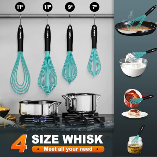 Walfos Silicone whisk,Whisks for Cooking Non Scratch, BPA Free whisk set of 4, 7+9+11in Balloon Whisks & 11in Flat Whisk, Heat Resistant(480°F).Great for Cooking in Pans, Baking, Whisking.Blue - color: 4pcs Blue; 7+9+11in & 11in（flat）