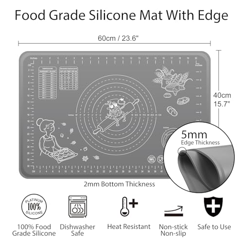 Silicone Baking Mat 24" x 16" Extra Thick Non-stick Pastry Mat with Measurements and Edge Heightening, Food Grade Silicone for Countertop Dough Rolling Making Bread, Cookies, Pizza, Fondant, Pasta - color: Dark Gray, size: 24"L x 16"W
