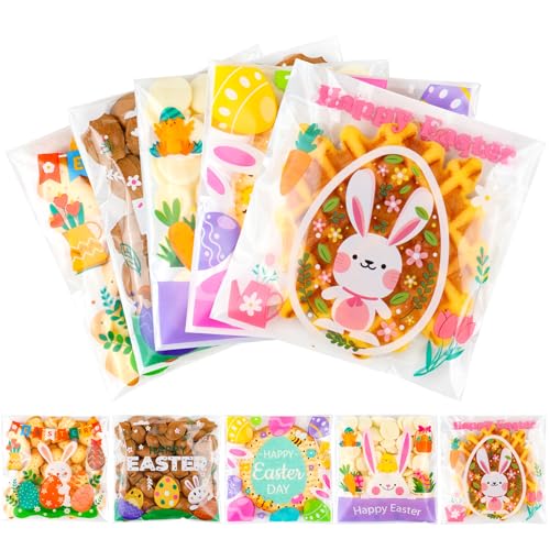 Soarvita 200PCS Easter Self Sealing Cookie Bags: 4x4 Inch Clear Cellophane Treat Bags with Happy Easter Bunny Designs for Candy Goodie Gifts Packaging, Ideal for Classroom Exchange, Party Favors - color: Easter 200pcs