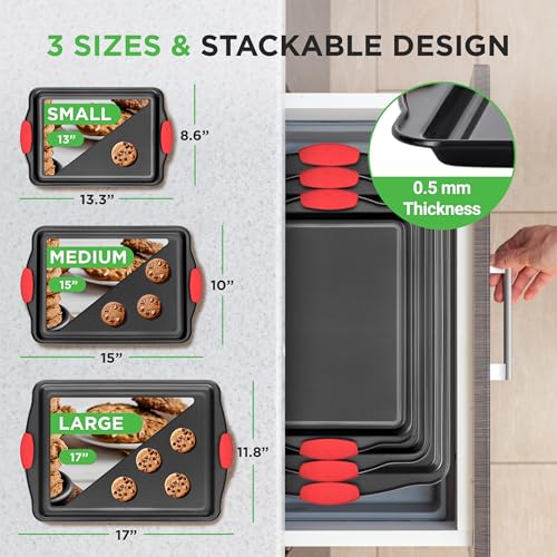 NutriChef 3-Piece Cookie Sheets for Baking, Non-Stick Baking Pans Set with Silicone Handles, Stackable Oven Trays in Small, Medium & Large Sizes for Professional and Everyday Use, 2026 Edition - size: 3-Piece Set 2026 Edition