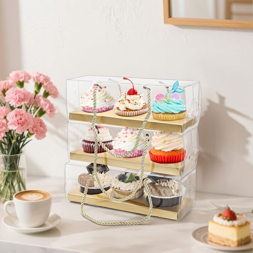 Coloch 24 Pack Gold Clear Cupcake Box with Handle, 9 x 3 x 3 In 3 Count Plastic Cupcake Container Baked Dessert Box, for Cupcake, Dessert, Muffins, Party, Wedding