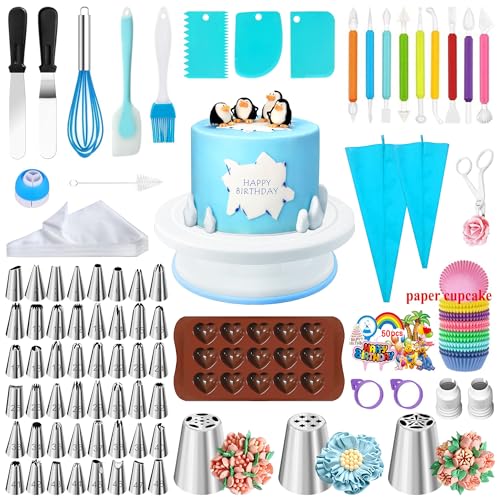 289PC Cake Decorating Kit with Cake Stand Turntable, Cake Baking Supplies 100+1 Piping Bags, Offset & Straight Spatulas Tools Set, 51 Numbered Piping Tips with Pattern Chart - color: 290PC