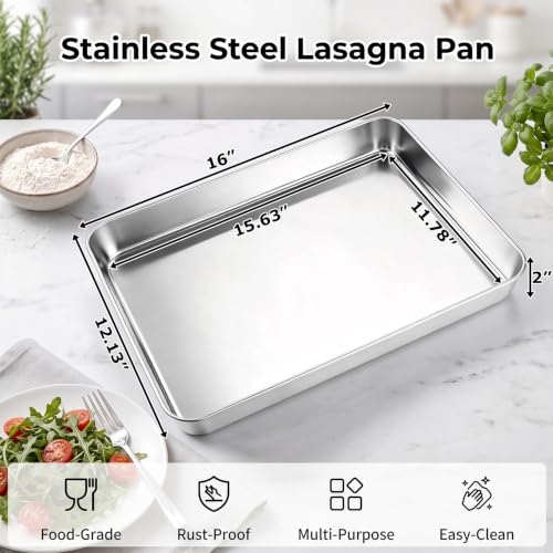 TeamFar Lasagna Pan, 16" x12.13" x2" Stainless Steel Rectangular Cake Pan - color: Silver, size: 16 Inch