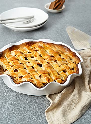 LE TAUCI Ceramic Pie Pans for Baking, 11 Inches Deep Dish Pie Plate for Apple Pie, Pot Pie, 48 Ounce Baking Dish with Ruffled Edge, Set of 2, White - color: White