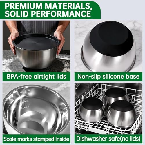 Deedro Mixing Bowls with Airtight Lids, Stainless Steel Mixing Bowls Set - color: Black