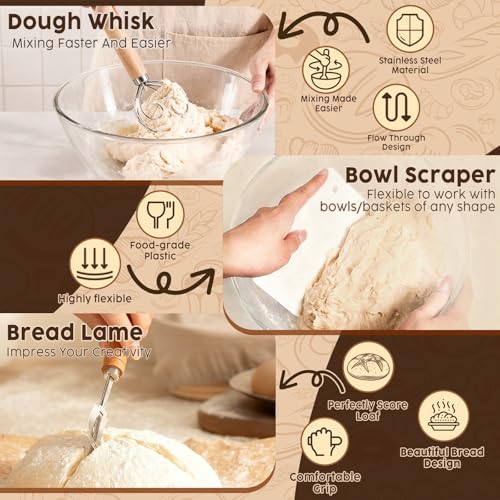 Banneton Bread Proofing Baskets Set Sourdough Starter Kit Sourdough Bread Baking Supplies Making Tools With 9 inch Round Proofing Baskets, Dough Scraper, Whisk, Lame, Recipe - color: Sourdough Starter Kit, size: Sourdough Starter Kit