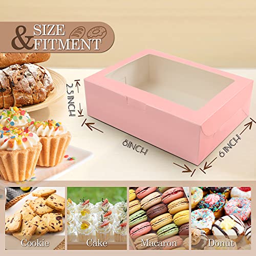 KPOSIYA 65 PCS 8x6x2.5 Inch Cookie Boxes with Window Pink Bakery Boxes Pastry Boxes for Gift Giving, Treat, Dessert, Cupcakes, Chocolate, Strawberries, Donuts, Muffins (5 Style Windows) - color: Pink(pack of 65)