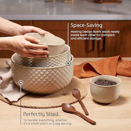 KooK Ceramic Nesting Bowls, Embossed, Oven Safe, Set of 4, Almond - color: Almond
