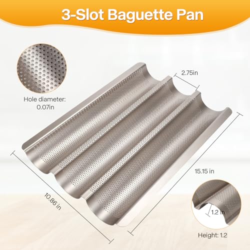 2-Pack Baguette Bread Pan, 3-Slot French Bread Baking Tray, Golden - color: Gold