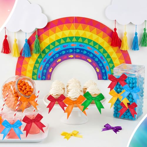 Riceshoot 100 Pcs Rainbow Twist Tie Bows, 3.5 Inch Pre-Tied Satin Ribbon - color: Rainbow Color, style: Rainbow