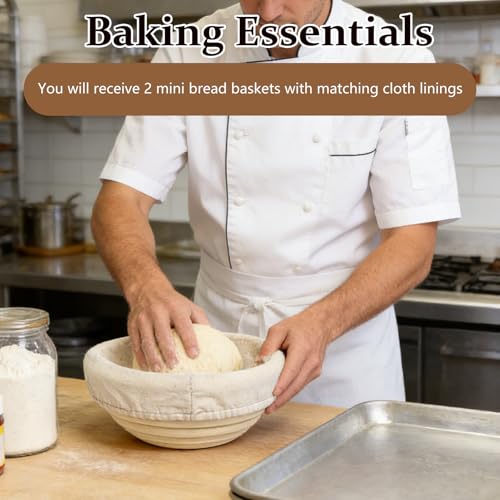 NICENEEDED 2 PCS Bread Proofing Baskets, 13 x 6 cm Banneton Baskets Round Proofing Bowls Making Baking Fermentation Tools, Handwoven Rattan Baskets with Liners for Home Sourdough Bread Baking Supplies
