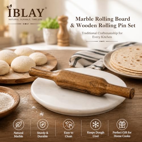 Natural Marble Rolling Board and Wooden Rolling Pin Set, 10 Inch Round Marble Chakla Belan for Roti, Chapati, Pizza Dough, Pastry and Baking, Stone Rolling Surface for Kitchen - size: 10 Inches