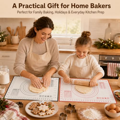 Silicone Pastry Mat for Rolling Dough Non Slip, 2-Pack Non-Stick Dough Rolling Mat with Measurements, Heat Resistant Baking Mat for Making Pie Crusts, Sourdough Bread, Cookies
