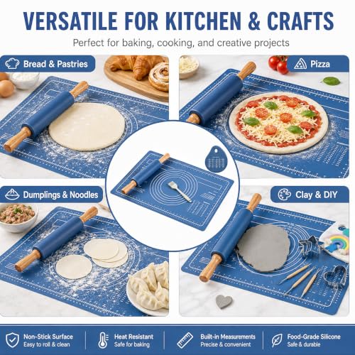 4Pcs Silicone Rolling Pin Set, 15Inch Blue Nonstick Pastry Roller - color: Navy Blue 4 Set
