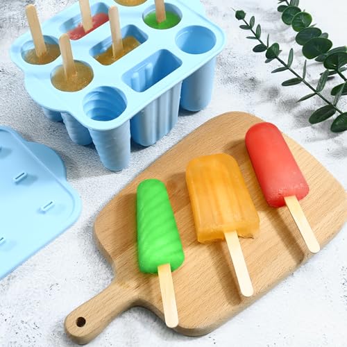 9 Cavity Popsicles Molds with 50pcs Wooden Sticks BPA Free Ice Pop Molds - color: Blue