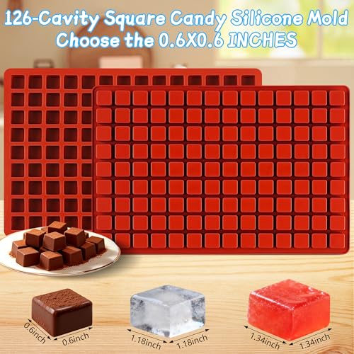 3Pcs 126-Cavity Square Hard Candy Molds Silicone for Candy, Mini Square Silicone Molds for Caramels, Gummy, Chocolate, Ice Cubes - color: 126-Cavity Square