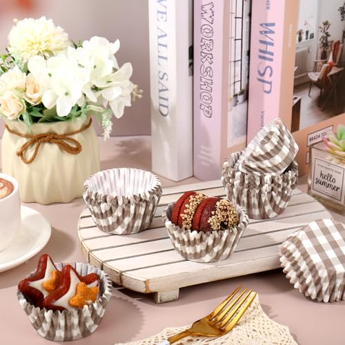 Whaline 300 Pcs Brown Plaid Cupcake Liner Khaki Plaid Paper Baking Cups Gingham Checkered Muffin Liner Cake Storage Container for Fall Baby Bridal Shower Wedding Birthday Party Supplies - color: Brown