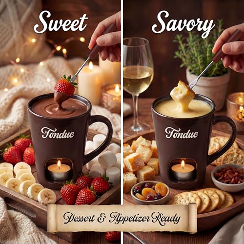 Brown Chocolate Fondue Mug with Tealight & Fork – Ceramic Single-Serve Fondue Cup for Chocolate & Cheese Dipping - color: Brown