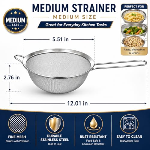 HiramWare Fine Mesh Strainer, Medium Stainless Steel Colander - size: Medium 5.51 Inch Diameter