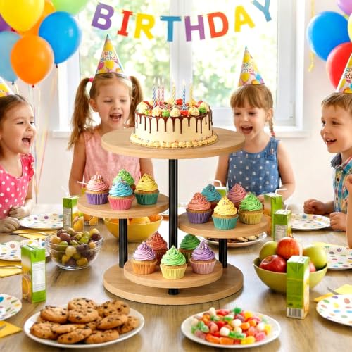 Cake Stand for 50 Cupcakes 360°Rotating Wooden Cupcake Display Stand Round Cookie Stands 4 Tiered Tray Stand for Parties Birthday Wedding Baby Shower Afternoon Tea Dessert Table, Oak - color: Oak