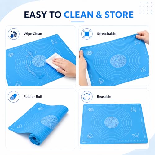 Silicone Baking Mat for Rolling Dough, Non Stick Pastry Mat with Measurements, Anti Slip Kitchen Counter Cover for Kneading, Pie Crust, Pizza and Cake, Blue