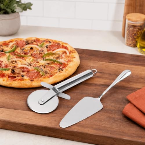 2Pcs Stainless Steel Pizza Cutter Wheel and Serving Spatula Set, Silver Kitchen Baking Pastry Cutting Tools for Pizza
