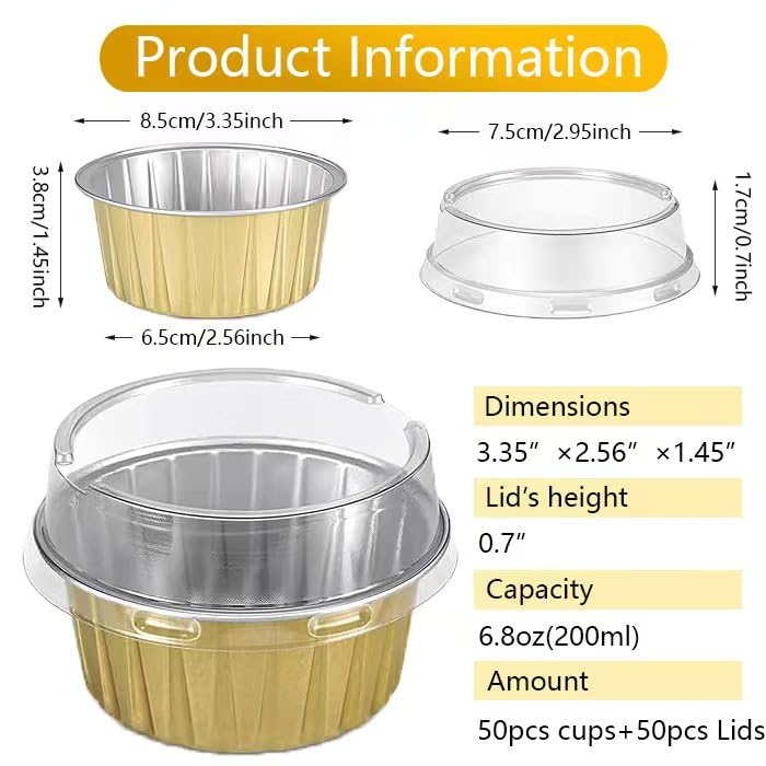 50pcs Aluminum Foil Baking Cups with Lids, 5oz Disposable Ramekins Cupcake Liners, Tart Pie Tin Pan Holder, Mini Cake Containers for Pudding, Souffle, Party, Wedding (Gold)