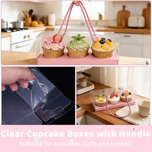 20Pcs Clear Cupcake Boxes with Handle, Cupcake Carrier for Party - color: Pink