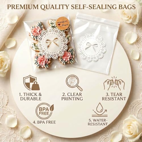 100 PCS Self Sealing Cookie Bags, Lace Bow, 4 x 4 Inch with 108 Stickers