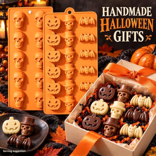 2 Pcs Halloween Silicone Molds, Halloween Pumpkin Bat Skull Shape Chocolate Molds for DIY Halloween Cupcake Candy Baking Molds - color: Halloween Molds