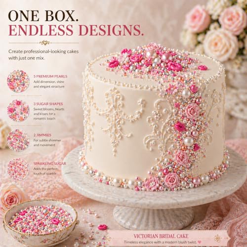 Confect Cake & Cupcake Sprinkles | Love Sprinkles Mix Pink Mini Lips & Roses, Silver Hearts & Vermcelli and White Pearls | Anniversary Sprinkles | Edible sprinkles Mix Pack of 5 (5 Oz) - color: Love Sprinkles