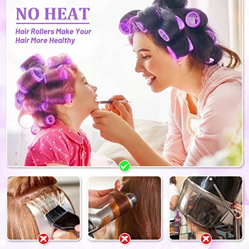 Acejoz Hair Rollers, 12Pcs Large Self-Grip Hair Curlers with 12Pcs Stainless Steel Duckbill Clips, for Long Medium Thick Hair Volume (Purple) - color: Purple