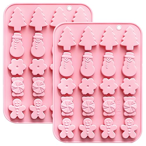 Christmas Silicone Candy Molds, Holiday Shapes with Snowman, Tree, Gingerbread Man, 2-Pack, Pink - color: QY297