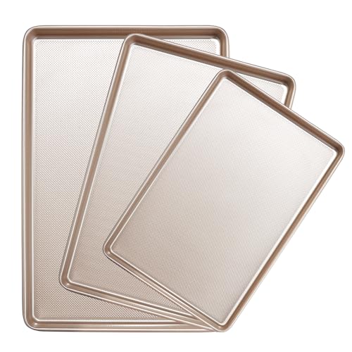 GIUOIDUO Baking Sheet Set of 3, Nonstick Heavy Duty Cookie Sheets for Oven - 13.6"×9.6"/15.5"×10.6"/17.5"×11.8" Warp-Resistant Carbon Steel Bakeware Trays, Champagne Gold, Dishwasher & Oven Safe - size: 3-piece set (17.5X15.5X13.6)