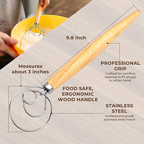 Danish Dough Whisk Bread Mixer 2 Pack | Premium Stainless Steel Dutch Whisk With a Dough Scraper for Bread, Pastry or Pizza Dough - Perfect Baking