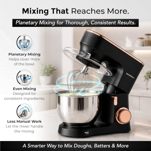 KOCHSTELLE Black Electric Stand Mixer 6.8 Quart Qt, 660W, 6-Speed Adjustable, Stainless Steel Planetary, Portable, Compact & Elegant Kitchen Mixer for Baking & Cooking