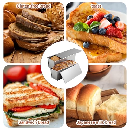 2 Pcs Pullman Loaf Pan with Lid, 13x4 Inch 2lb Dough Capacity Non-Stick Bread Baking Pan for Sandwich Bread, Toast, Sourdough and Homemade Baking, Silver
