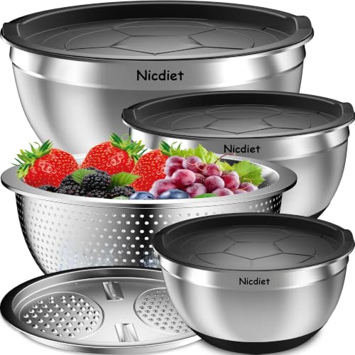 Mixing Bowls with Airtight Lids, Stainless Steel Mixing Bowl Set with 3 Nesting Kitchen Metal Bowls, Colander & Grater, Non-Slip Bottoms, Size 1.5, 2.5, 5 QT, Great for Mixing & Serving, Black - color: Black