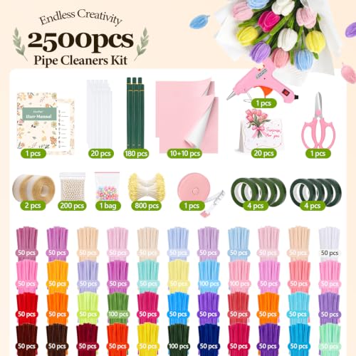 OcePor 2500Pcs Pipe Cleaner Flower Kit,44 Colors Pastel Pipe Cleaners Bulk - color: 44 Colors