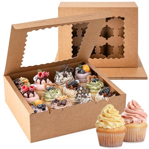 12 Count Cupcake Boxes, 4PCS Cupcake Container with Window and Inserts - color: Brown