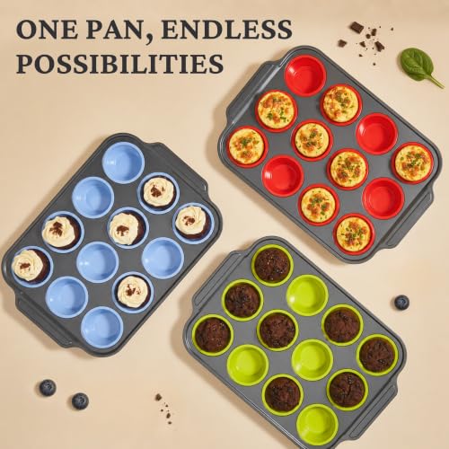 BRONYPRO Silicone Muffin Pans for Baking with Metal Frame, Egg Bite Molds, 12-Cup Regular Size Cupcake Pan, Easy-Release Nonstick Food-Grade Silicone, Cleaning Brush Included, Oven Safe, Blue - color: Blue, size: 12-Cup Standard