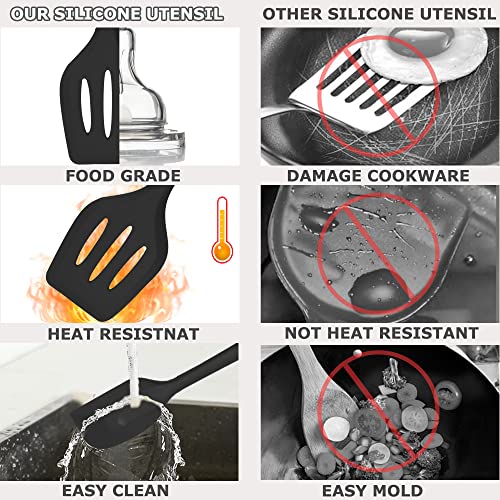 Silicone Kitchen Cooking Utensils Set Kitchen Spatula Set with Holder,5 pcs Heat Resistant Silicone Kitchen Utensils Gadgets Tools Set for Nonstick Cookware,Dishwasher Safe (Black) - color: Black-5Pcs