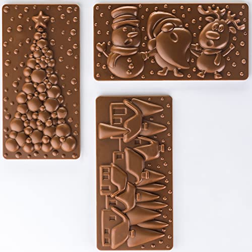 Pavoni PC5038 Polycarbonate Chocolate-Bar Mold with Three Xmas-Village Cavities, Each 77mm x 154mm x 10mm High - color: Xmas Village