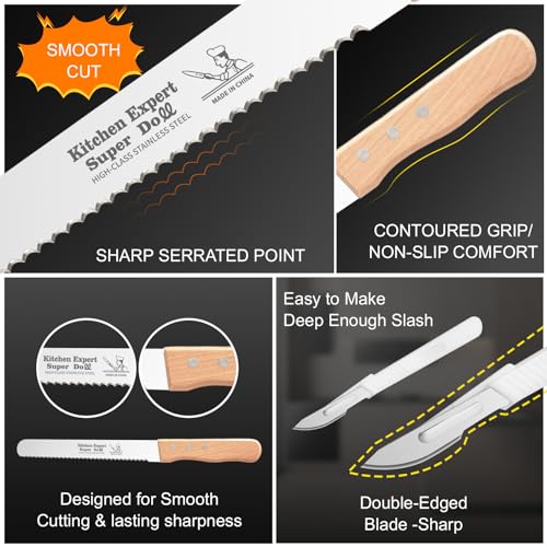 2-Pack Bread Knife & Bread Lame Set: 10" Premium Stainless Steel Serrated Knives Blade with Wood Handle for Homemade Bread, Sourdough Tomato, Bagel + Dough Scoring Tool for Razor Sharp Carving - size: 10 inches