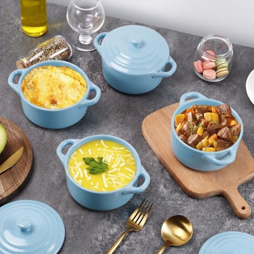 4 Piece Ceramic Cocotte Set, Mini Casserole Pots, 16 Oz, Sky Blue