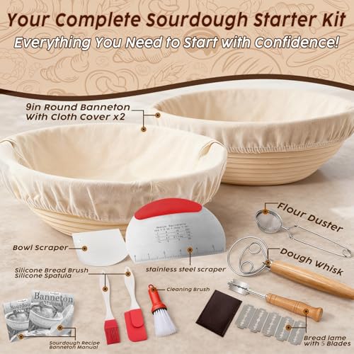 Banneton Bread Proofing Baskets Set Sourdough Starter Kit Sourdough Bread Baking Supplies Making Tools With 9 inch Round Proofing Baskets, Dough Scraper, Whisk, Lame, Recipe - color: Sourdough Starter Kit, size: Sourdough Starter Kit