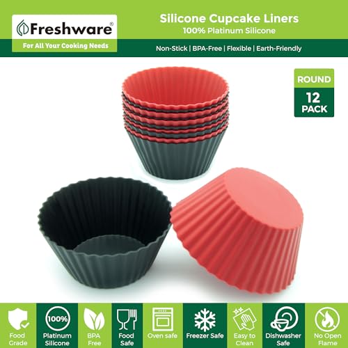 Freshware Cupcake Liners - Pack of 12 Silicone Muffin Cups, 2.8 Inch Baking Cups, Reusable & Non-stick for Party, Halloween, Christmas, Round - color: Red & Black Round [12-Pack]