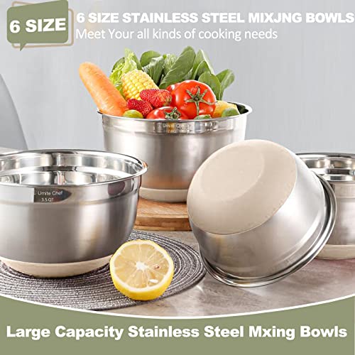 Umite Chef Mixing Bowls with Airtight Lids, 6 piece Stainless Steel Metal Nesting Storage Bowls, Non-Slip Bottoms Size 7, 3.5, 2.5, 2.0,1.5, 1QT, Great for Mixing & Serving (Khaki) - color: Khaki