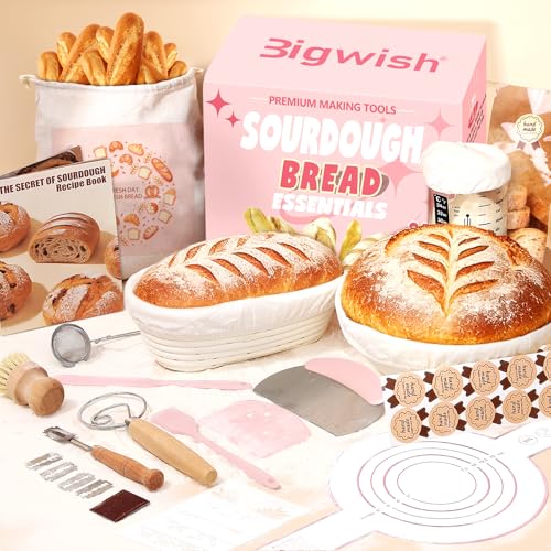 Pink Sourdough Starter Kit with Banneton Bread Proofing Basket and Jar - color: Pink